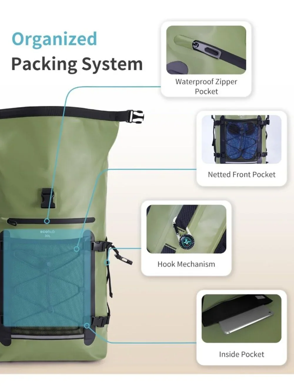 Waterproof Roll-Top Backpack 30L for Travel, Heavy Duty Dry Bag & Phone Case